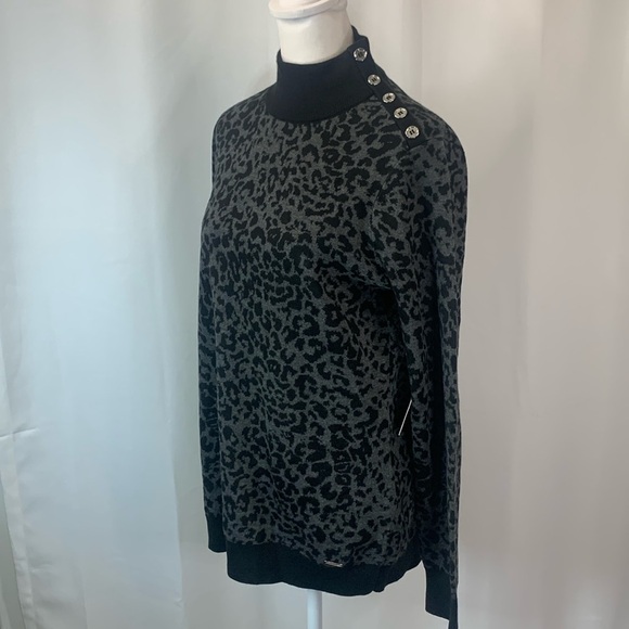 Calvin Klein Gray & Black Mock Neck Animal Print  Sweater w/ Silver Buttons- NWT - Picture 4 of 16